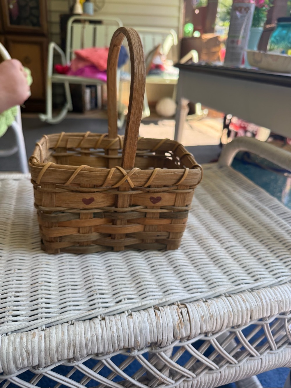 Small Woven Basket with Handle - Natural Brown with Heart Accents